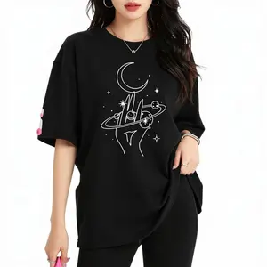 Black Celestial Graphic Short Sleeve Tee For Women With Artistic Print And Relaxed Fit