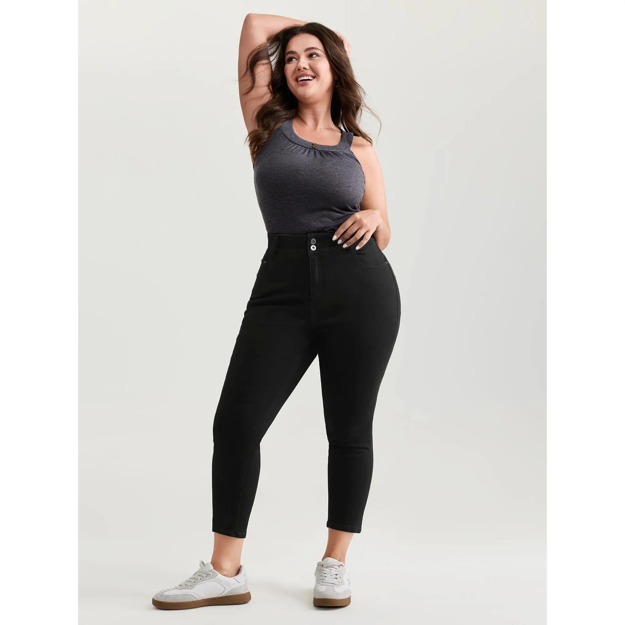 BLOOMCHIC Women's Plus Size Solid Denim High Waist Hip Sculpting Skinny Fit Cropped Pants - Cotton-Elastane Fabric, Button-Zipper Closure, Tummy Control Jeans, Pockets, M-6X Sizes, Summer Casual Curvy Confidence Bottoms, Cool Iron, Do Not Tumble Dry