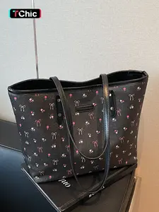 Fashionable Bowknot & Cherry Pattern Tote Bag, Handbag Tote Bag, Casual Versatile Shoulder Bag for Women, Trendy All-match Bag for Daily Use