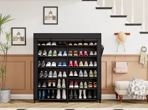 Hangable Christmas Sale Shoe Rack Storage Organizer 42 Pairs Portable Double Row with Nonwoven Fabric Cover Shoe Cabinet for Closet Adjustable Standing Shelf Black Waterproof Durable Construction & Convenient Side Pockets Hanging