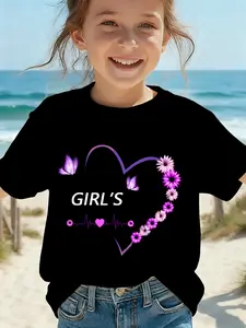 Girls Purple Floral & Butterfly Heart T-Shirt, Kids "Girl's" Love Graphic Tee