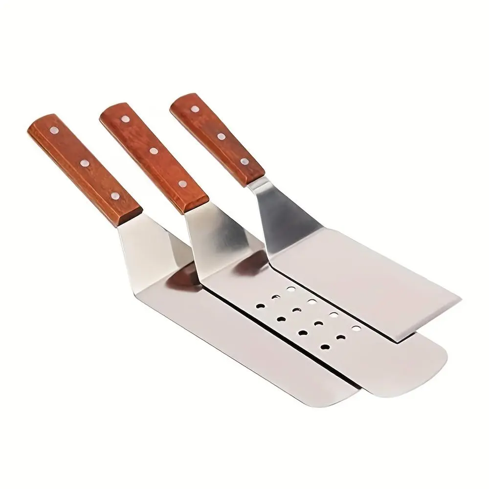 Stainless Steel Burger Spatula, 3 Counts/set Burger Flipper, Solid Cooking Spatula, Perforated Cooking Spatula & Baking Tray Spatula, Barbecue Utensils, Barbecue Accessories, Kitchen Home, Kitchenware, Bbq Tools