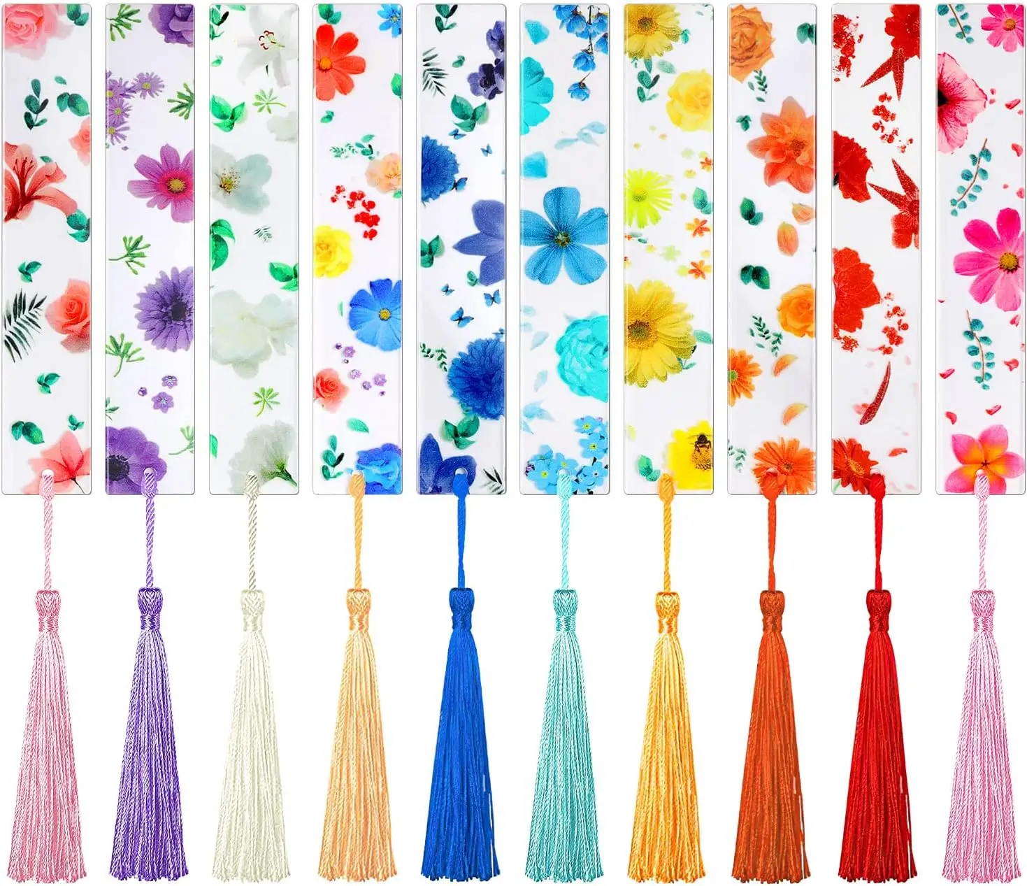 10Pcs Flower Resin Bookmark Transparent Floral Bookmarks for Women Cute Bookmarks Flower Page Marker with Tassels, Gifts for Book Lovers, Women, Kids
