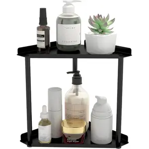 2-Tier Black Compact Modern Eco-Friendly Stainless Steel Bathroom Counter Shelves - Space-Saving Vanity Corner Bathroom Accessories Organizer for Skincare, Makeup Storage