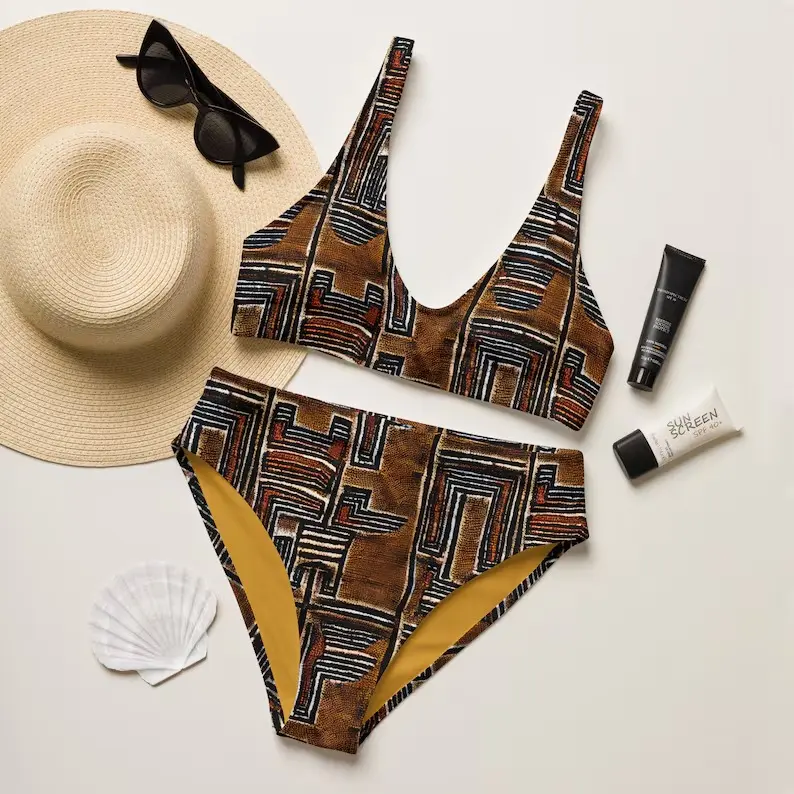 Women African Kuba Cloth Bikini Set High Waist 2PC Brown Tribal Geometric Print Swimsuit Summer Beach Tanning Vacation Loose Comfy Bathing Suit Pool Party