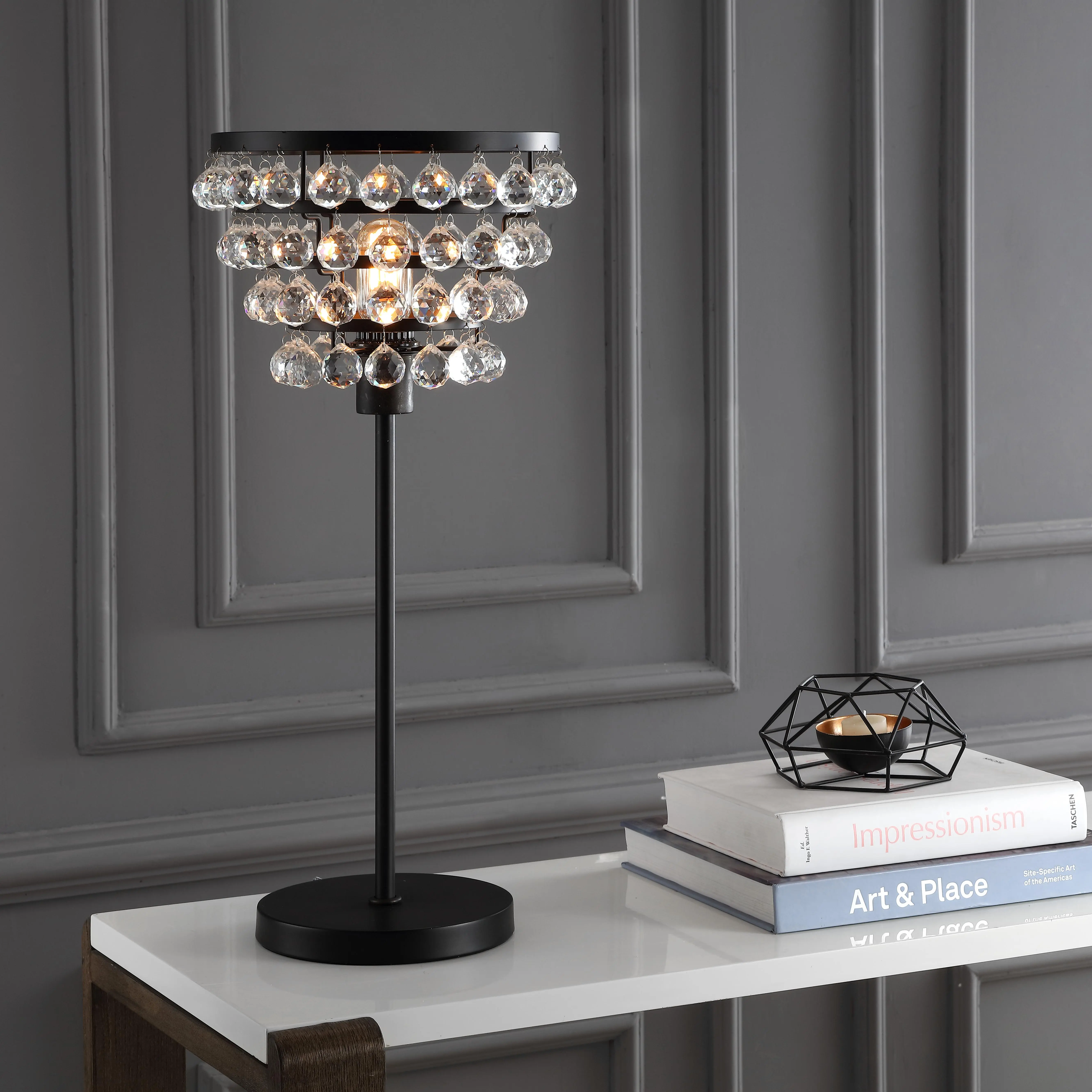 JONATHAN Y Buckingham 25" Crystal Chandelier Table Lamp | Faceted Tiered Beads, Bedside Nightstand Accent Light, Modern Industrial Metal Frame, LED Edison Bulb Included, Silk Cord
