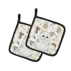 Carolines Treasures FNT1395PTHD 7.5x7.5 in. Persian White Cat Fabric Kitchen Bakeware Coffee Time Pot Holder Set, Pack of 2 - Machine-Washable, Hanging Design