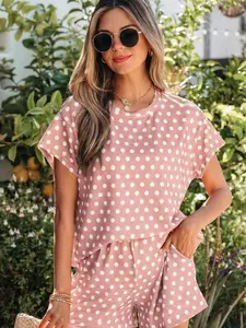 Womens Pink Polka Dot Print 2 Piece Outfits Casual Short Set Crinkle Ice Silk Loungewear Valentine's Day Gift