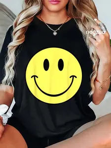 100% Cotton 70s Yellow Smile Face Happy Cute Smiling Face Funny Retro T-Shirt