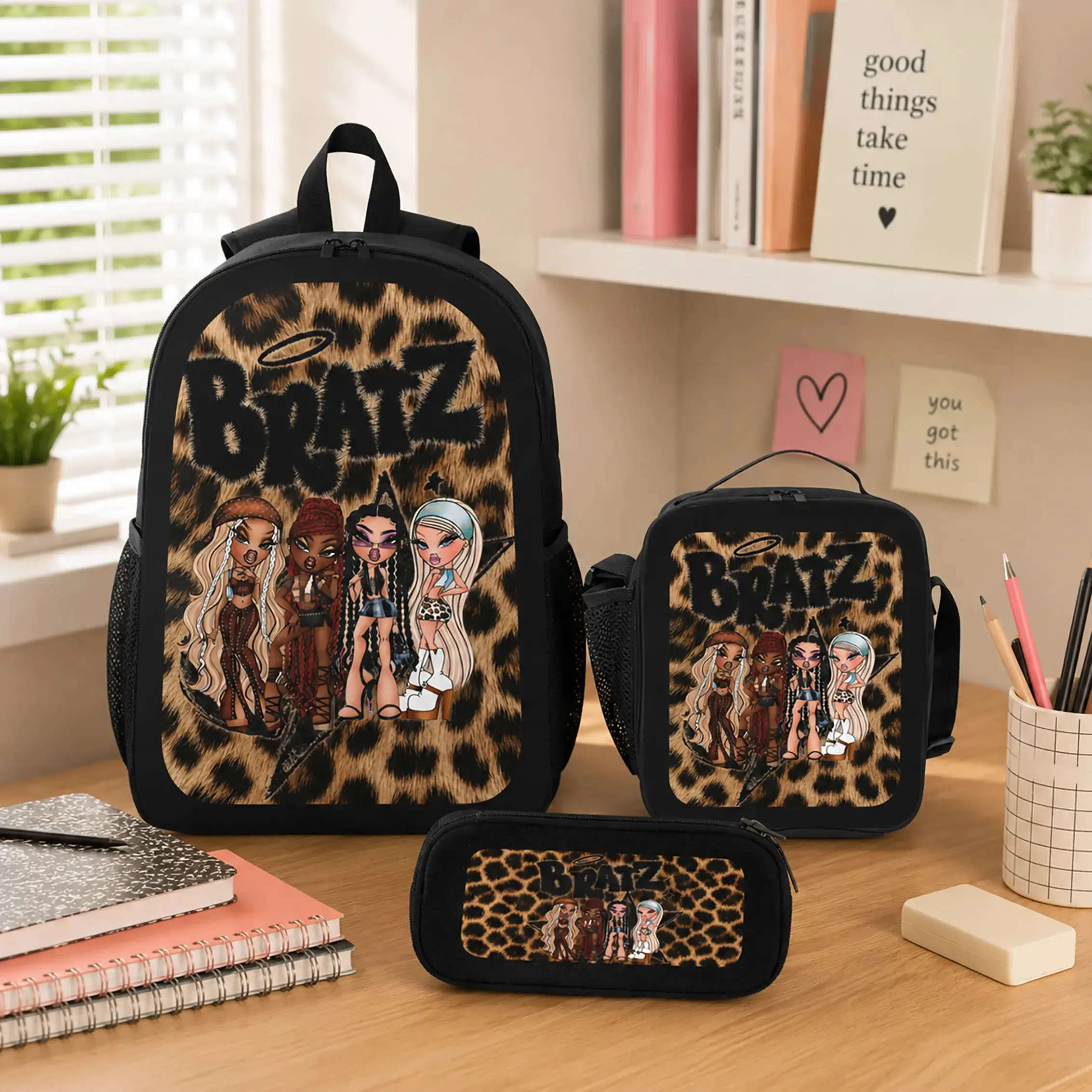 BRATZ Backpack Set Durable Polyester 3 Piece Bookbag Lunch Bag Pencil Case Lightweight Large Capacity Travel Daypack Back To School Supplies Y2K Leopard Graphic Bag For Girls Teens Students Viral Trend,back to school,back to school haul