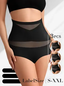 QUASTI 3-Pack High-Waisted Black Crossover Shapewear Briefs for Ladies, Compression Basic Womenswear Tummy Control & Butt Lifting for Women, Perfect for Postpartum Slimming,Stretchy Seamless Comfort Briefs, S-XXL Breathable Fabric Fit Minimalist
