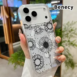 Clear Phone Case for iPhone 17 16  Pro Max Plus 15 14 13 12 11 Air E Sunflower Dots Dream  Pattern Magnetic Sunction Acrylic Back Full Body Protective Cover