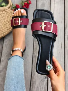 Women's Square Toe Slide Sandals, Casual Summer Flat Slides with Metal Buckle, Comfortable Beach Pool Shoes