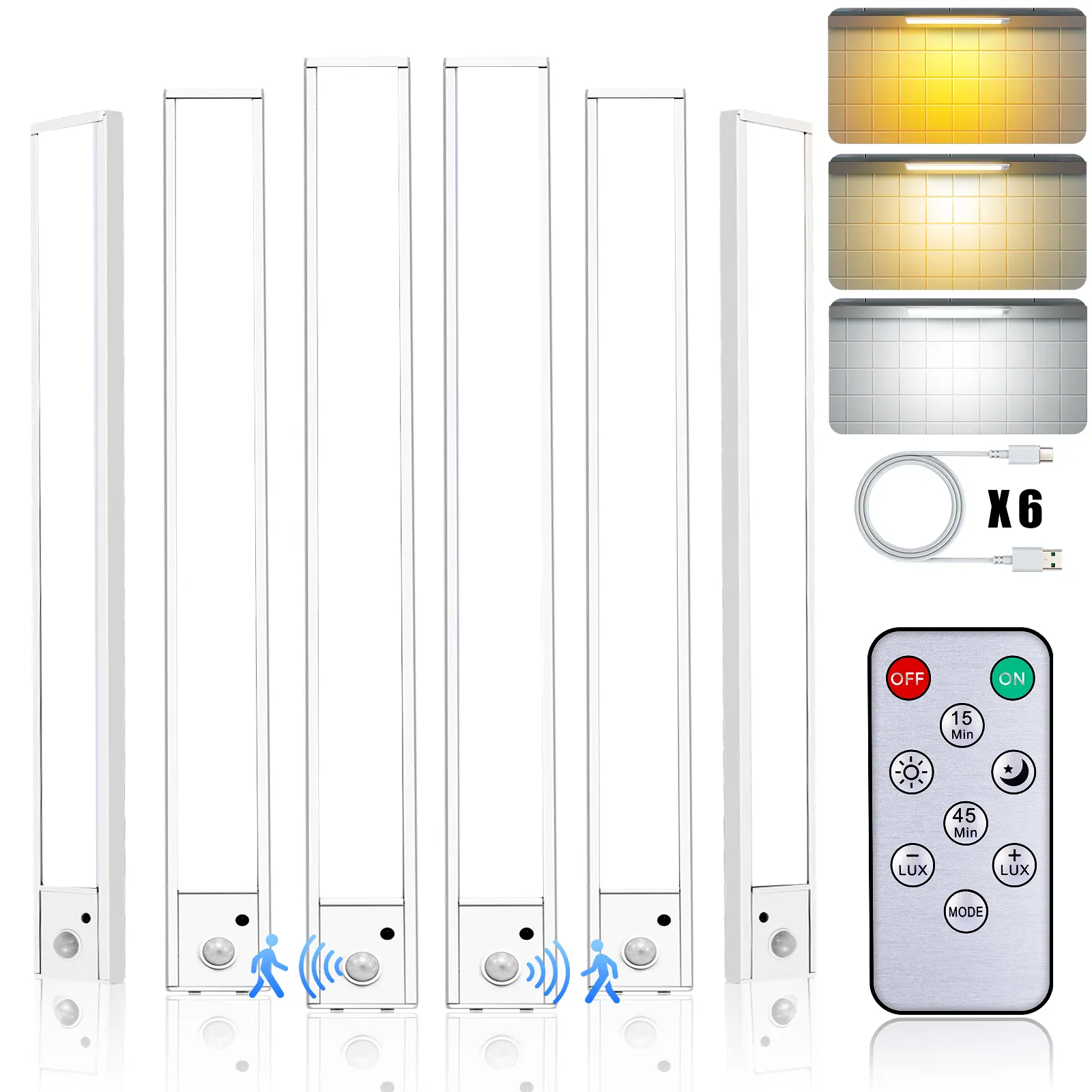 6 Pack 16 inch Under Cabinet Lighting with Remote, Motion Sensor Closet Light, 1500mAh Rechargeable Battery Dimmable 3 Color Temperature Magnetic Wireless for Kitchen, Shelf, Stairs, Wardrobe