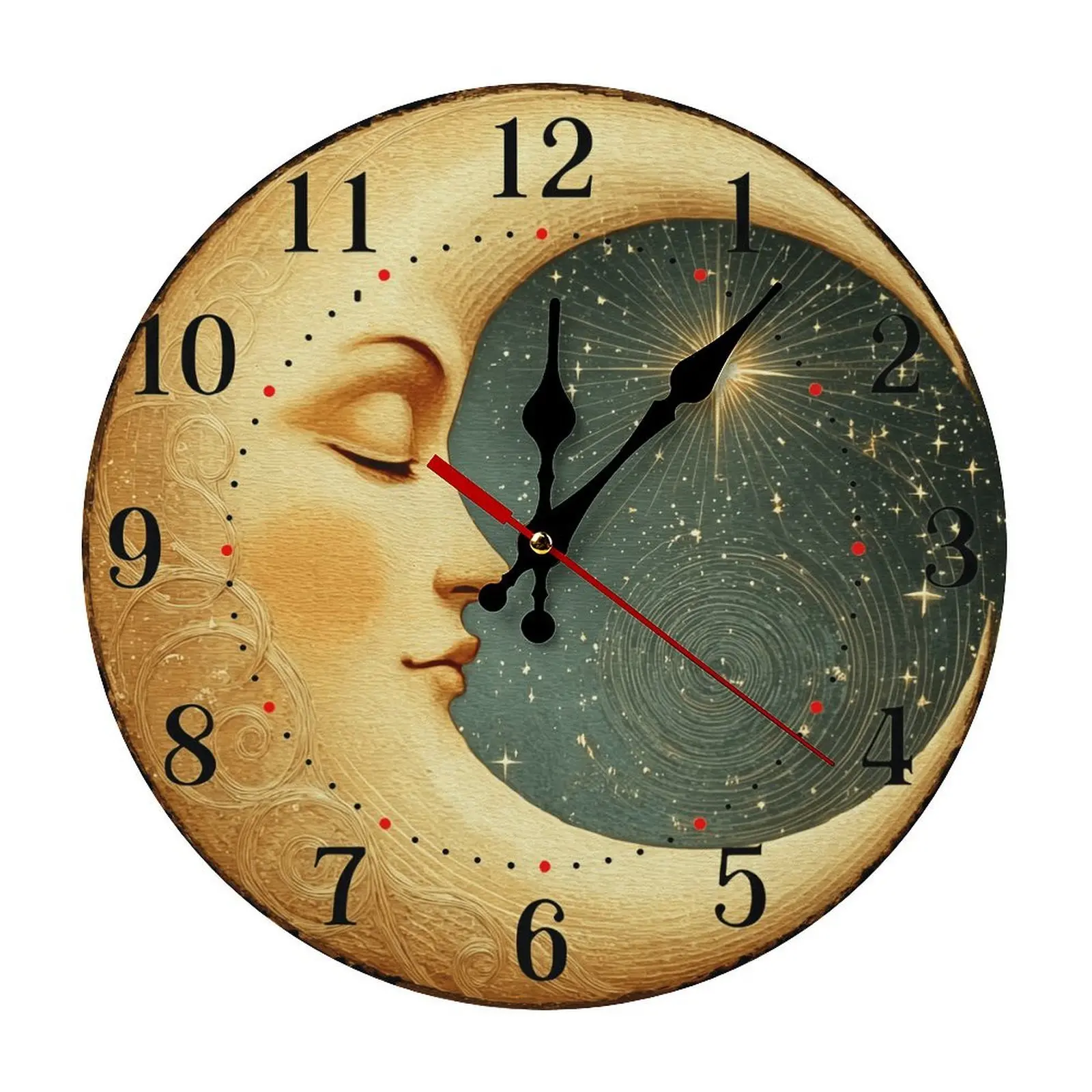 25cm/9.8" Vintage Celestial Moon & Stars Silent Wall Clock,Easy DIY Install Whimsical Sun Face Non-Ticking Battery Operated Clock, Mystical MDF Wood Clock for Bedroom, Living Room, Bohemian Decor