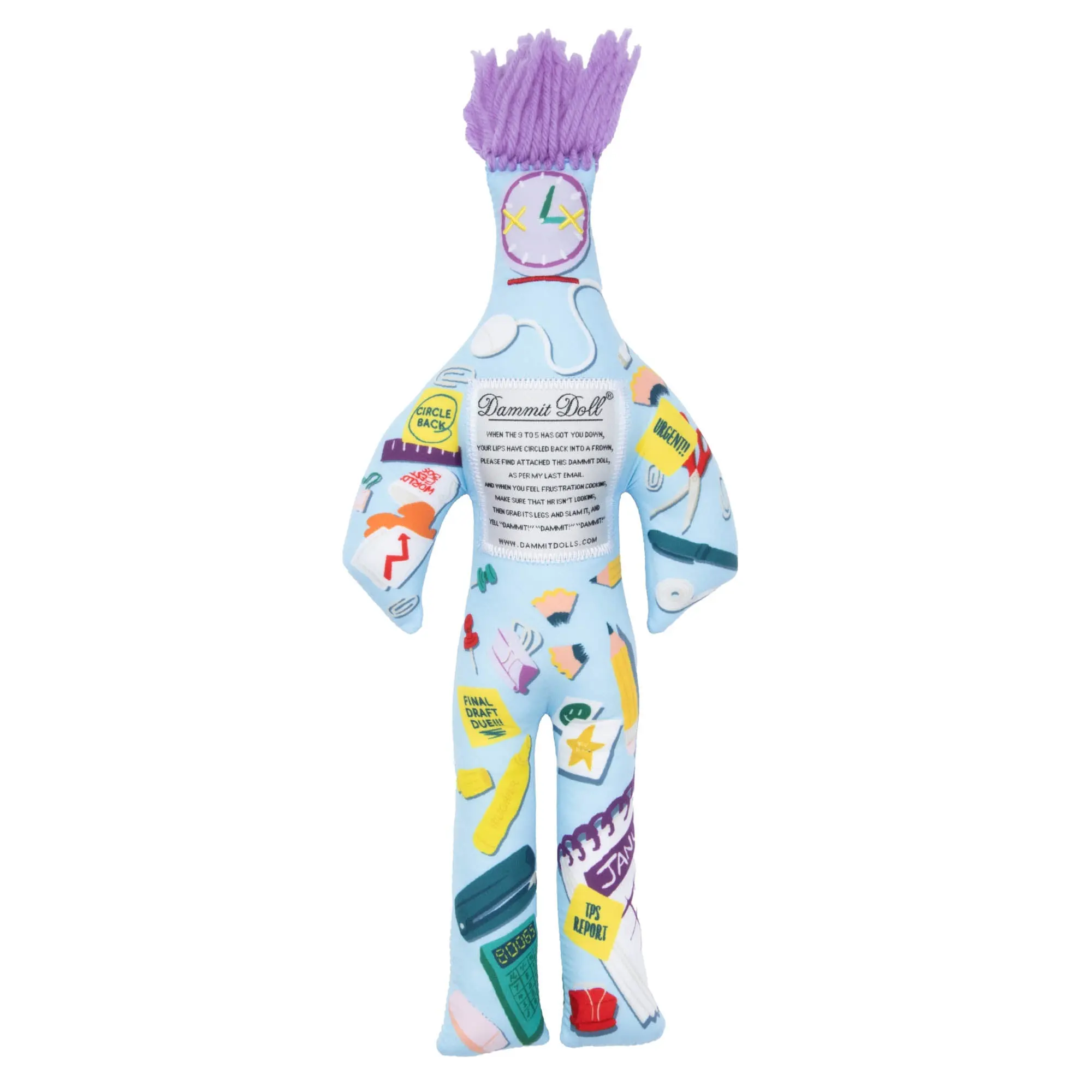 Dammit Dolls The Desk Job Doll - Stress Relief Gag Gift for Office Life with Playful Design and All-over Print Featuring Broken Keyboards and Stopped Clocks