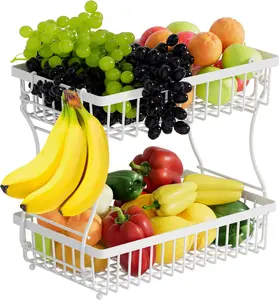Fruit Basket,2-Tier Fruit Bowl with Banana Hanger,Kitchen Storage Countertop Rack,Fruit Metal Bowls  for Holding Fruit,Vegetables,Snacks(White)