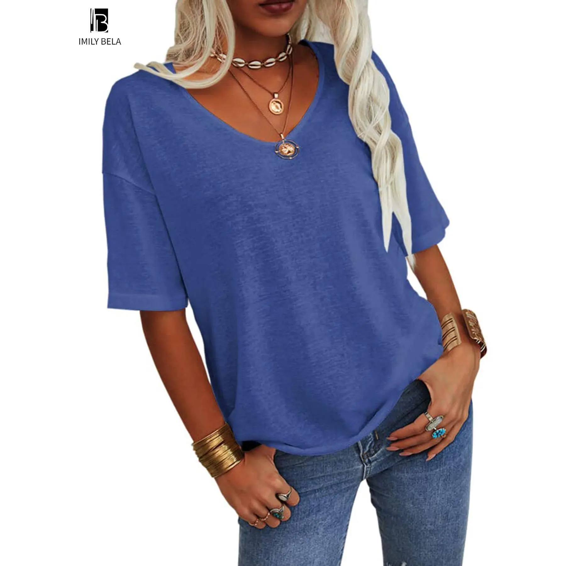 Women's Plain V Neck Drop Shoulder Tee, Casual Chic Minimalist Solid Color Half Sleeve T-shirt for Summer, Women's Basic Top for Daily Wear