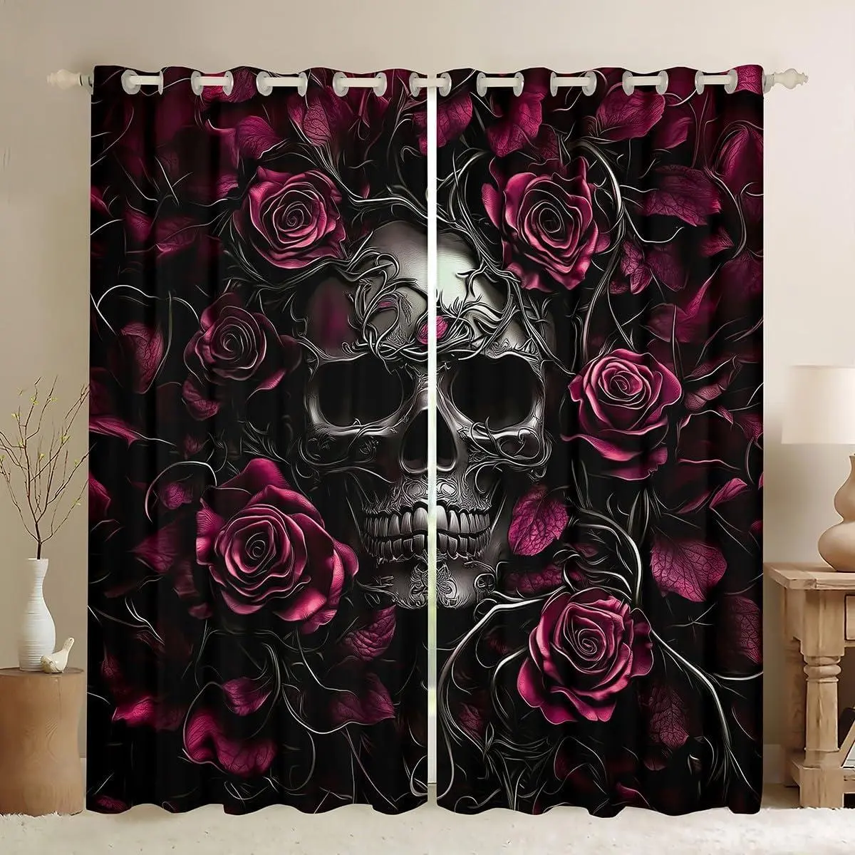 Sugar Skull Curtains,Hot Pink Rose Floral Window Curtains Drapes Adults,Gothic Skeleton Blackout Curtains hic Hippie Horror Darkening Curtains