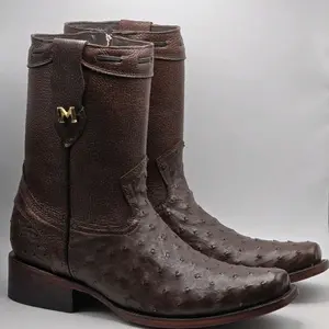 Urus Men's West Boots - Brown Ostrich-Print Leather with Gold Logo Detailing