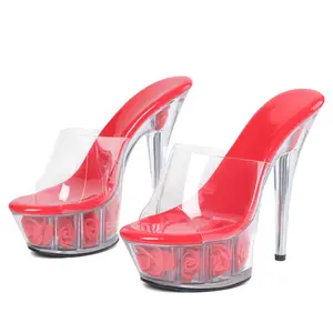 CYNLLIO Rose Crystal Slippers Women Shoes Slip On Super High Heels Flower Detail Catwalk Transparent Sandals Jennifers Body Heels Women Pole Dance Platform Wedding Shoes Pleasers Heels Stripper Heels