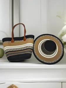2pcs Women's Bohemian Color-Block Large Capacity Bag and Wide-Brim Sun Hat, Stylish Foldable Shoulder Bag for Summer Party & Beach Vacation, Casual Lightweight Bag