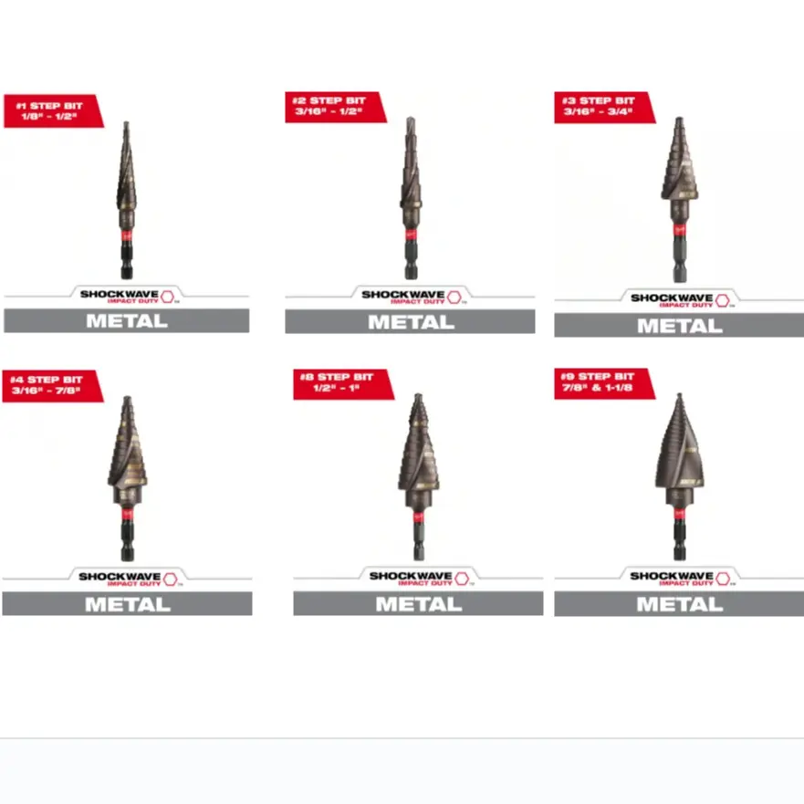 Milwaukee SHOCKWAVE Impact-Rated Titanium Step Drill Bit, 13-Steps Size (1/8 in-1/2 in), Drill Attachment for Impact Users, Faster Holes (48-89-9241)