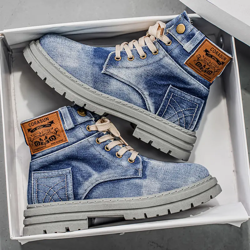 Men Vintage Washed Denim High Top Combat Boots, Thick Platform Non Slip Rubber Sole Lace Up Ankle Booties, Retro Leather Label Casual Work Shoes, Black Blue Two Color Fashion Footwear For Outdoor Hiking Street Daily Wear