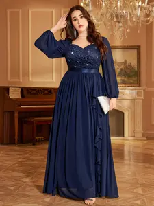 MISSMAY P84163A Plus Sweetheart Sequin Floral Lace Contrast Chiffon Flowy Ruffle Hem Bishop Sleeve Elegant Formal Party Long Dress, Wedding Guest Dress, For Birthday, Graduation, Homecoming