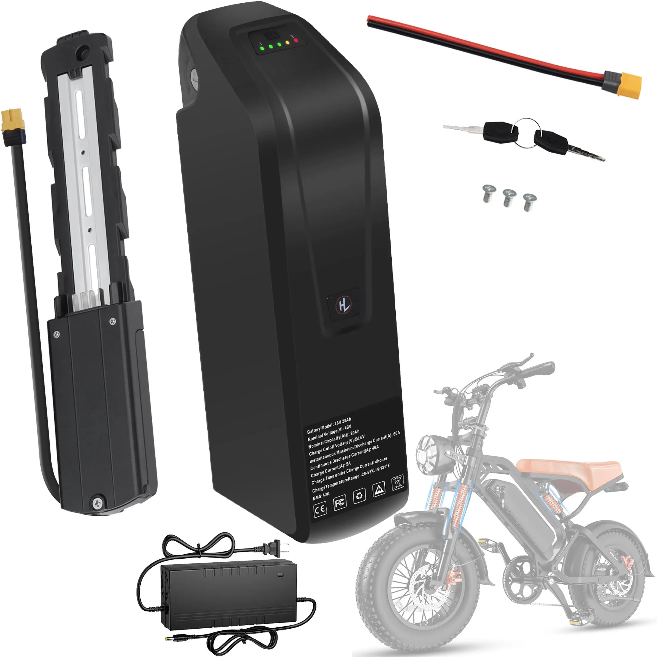 48V 20Ah Ebike Batteries - 40A BMS, 4-Pin Base, USB Port, Power Switch, LED Indicator, Safety Lock, Compatible with 0-1500W Electric Bike Motors (4-PIN-48V20Ah)