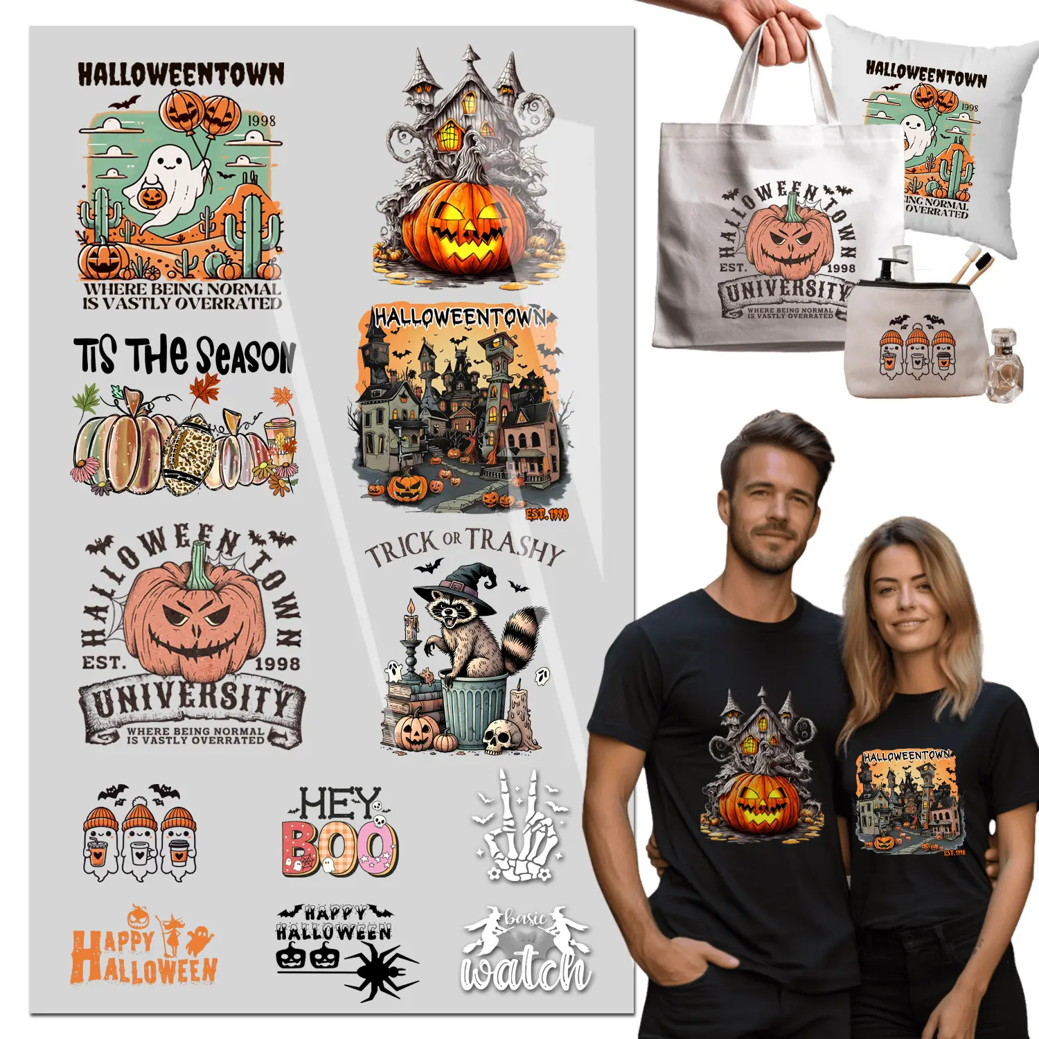 12Pcs Iron on Decals Halloween Pumpkin Skull Design  for T Shirt Bag Hat Pillow DIY DTF transfers Ready to Press