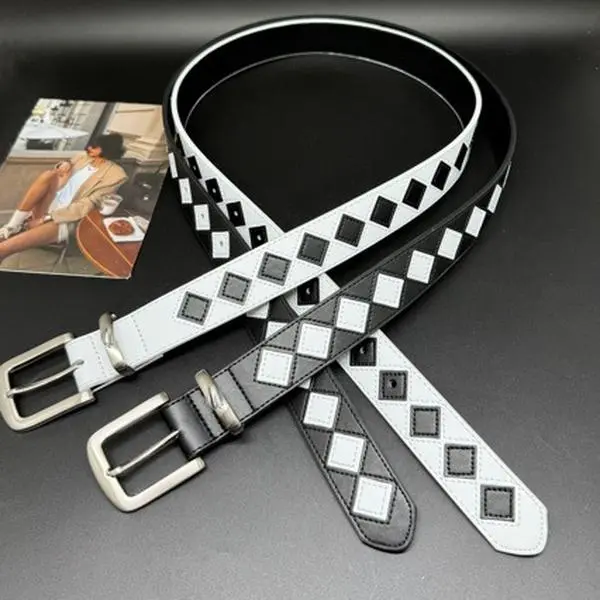 Trendy Black White Belt with Diamond Checkered Design Versatile Streetwear Accessory