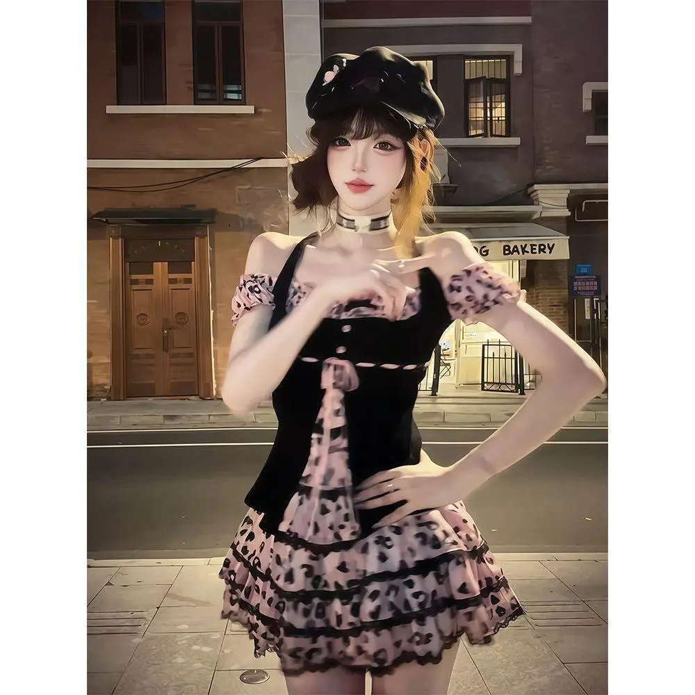 Women Y2K Sweet Spicy Two Piece Set Pink Leopard Halter Top Layered Cake Mini Skirt Outfit