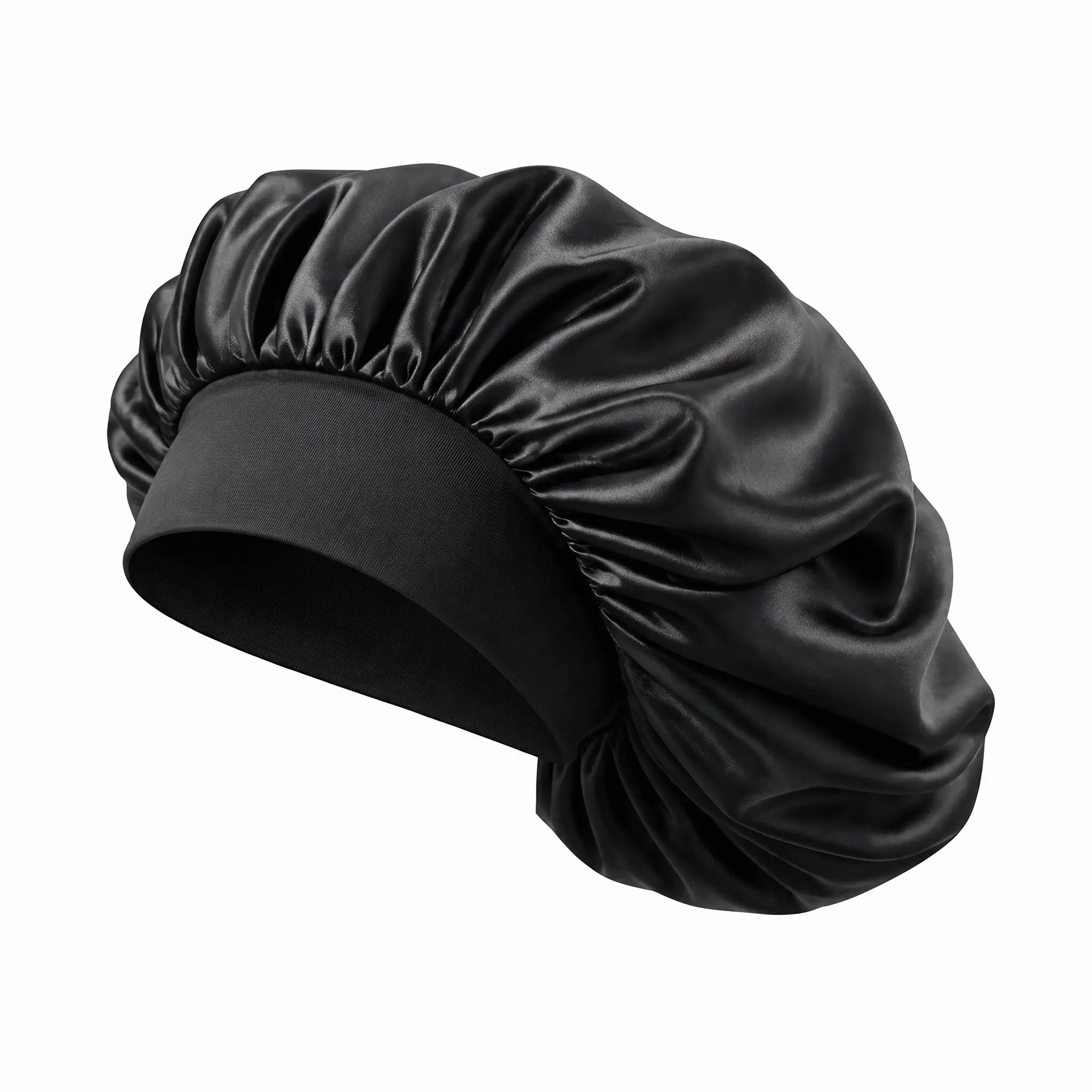 Adult Silk Satin Haircare Sleeping Bonnet - Adjustable Elastic Band, Pull On Hair Styling Cap, Heatless Smooth Surface Wrap for Curly Hair, Single Item (Black)