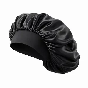 Silk Satin Sleeping Bonnet for Adults - Adjustable Elastic Band Hair Bonnet, Heatless Smooth Wrap for Curly Hair (Black)