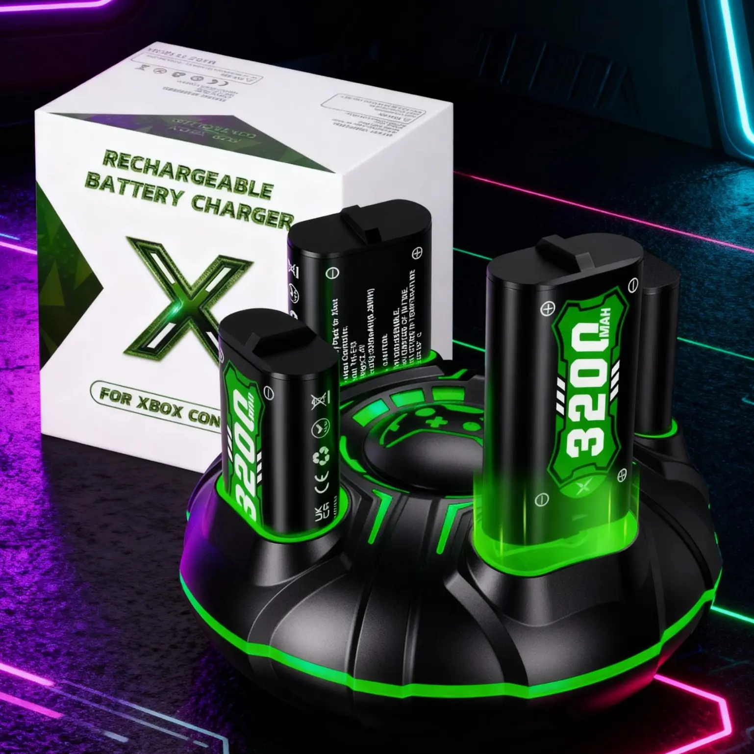 Ponkor 4×3200mAh Xbox Controller Rechargeable Battery Packs with Fast Charging Dock, Compatible with Xbox One, One S/X, Series S/X, High-Capacity, Long-Lasting Power, Cool Glow, Overheat Protection, Gaming Console Accessory Safety