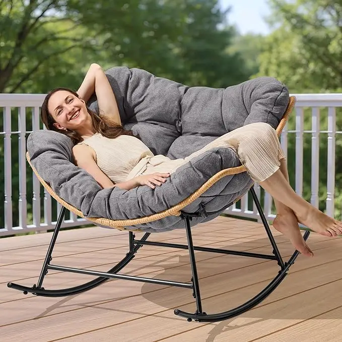 450lb Capacity Rattan Egg Rocking Chair with Thick Cushion & Safety Straps - Comfy Indoor/Outdoor Rocker for Patio, Garden, Living Room