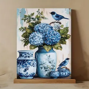 1pc with frame -- Vintage Blue Hydrangea and Bird Theme Canvas Wall Art Framed Painting Clearance Sale, 2D Flat, Suitable for Easter, Mother's Day, Carnival, Send Him/Her Indoor Luxury Decoration, Bedroom, Living Room, Bathroom	
