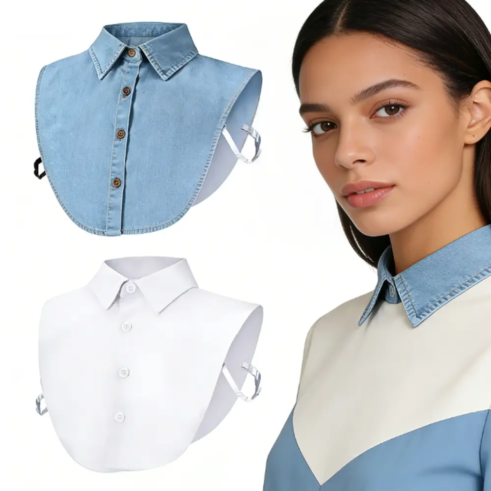 2-Piece Detachable Half Shirt Dickey Collar for Women, Solid Color Round Neck False Collar, Versatile Blouse Accessory, 1 Size with Adjustable Bands, One Size