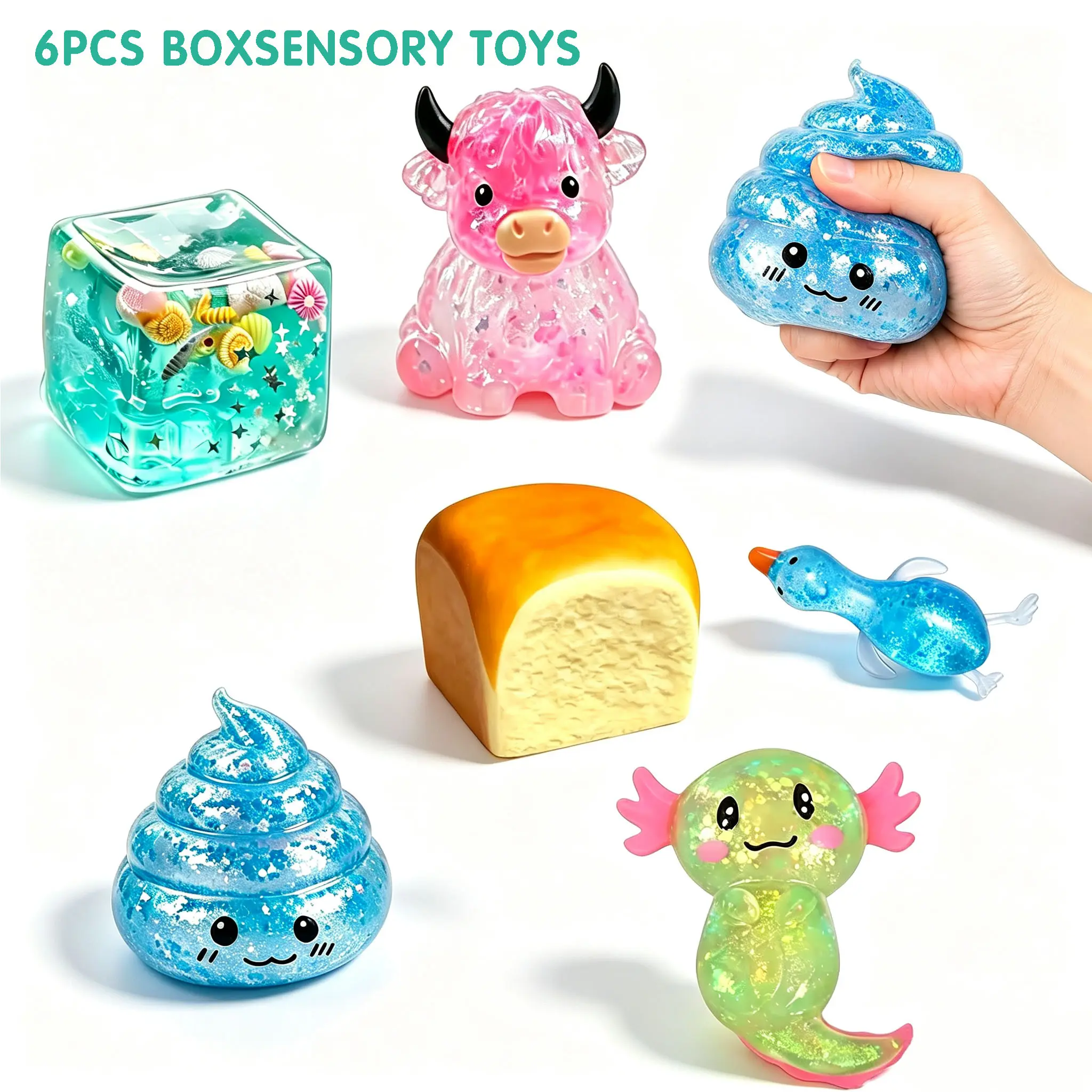 6-Piece Set Box Axolotl Squishy  Relief Toy Glitter Fidget Toys Cute Malt Sugar Axolotl Toy Fidget Toys for Kids Youth Adult, Party Favors Anxiety Relief Squishy Toys(set) teacher reward  stress ball