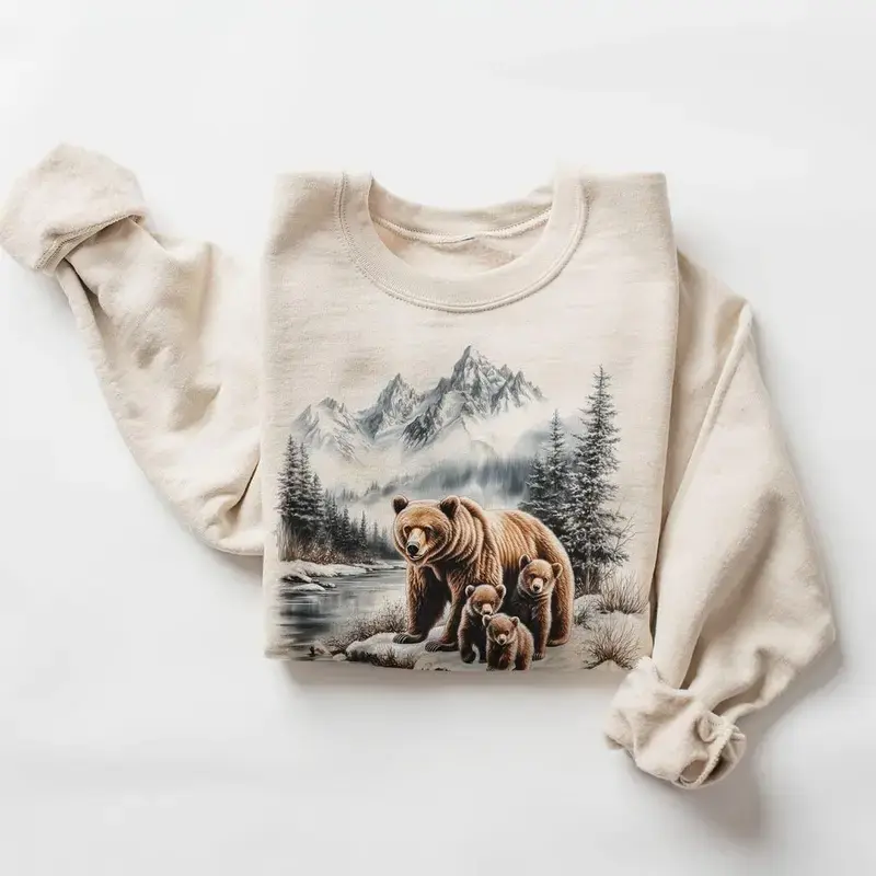 Retro Grizzly Bear Mama & Three Cubs Mountain Scene Sweatshirt - Nineties 90s Vintage Brown Bears Cotton Pullover