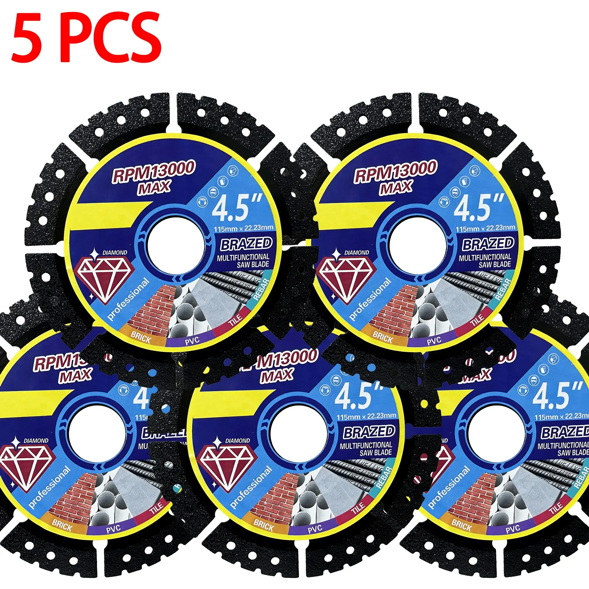 5-Piece Multi-Functional Circular Cutting Disc Set, Precision Metal and Diamond Cutting Blades, 115 x 22 x 5 mm, Designed Blades, Replacement Discs for Grinding and Cutting Steel, Aluminum and PVC