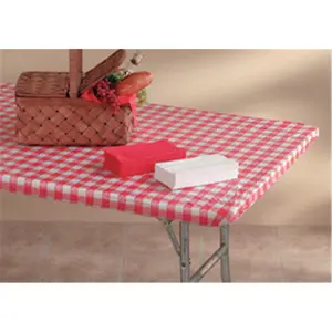 212 MAIN Disposable Plastic Round Tablecloth Set - 30x96in Red Gingham Checkered Kwik-Covers, Pack of 25