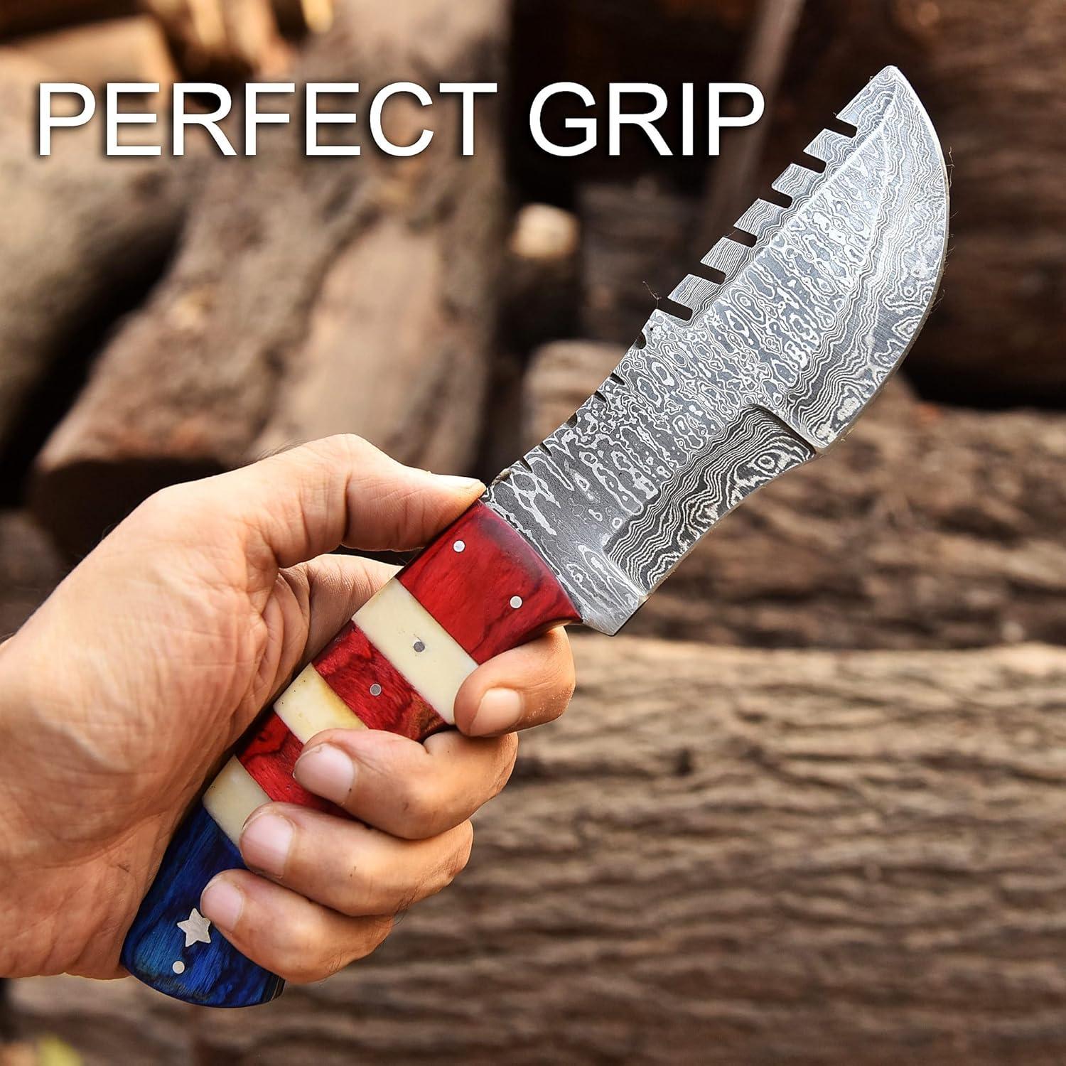 Damascus Steel Knife - Full Tang Bushcraft Knives - Knife for Camping