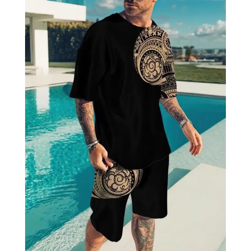 Men's 2-Piece Casual Suit - Street Style 3D Graphic Print Short-Sleeve Top, Pull-On Polyester Shorts Summer Menswear Clothes, Sizes XXS-5XL
