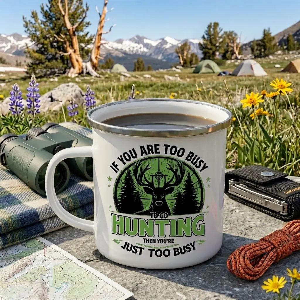 If You Are Too Busy To Go Hunting Campfire Cup, Fishing Cup, Outdoor Mug for Camping Hiking Lake Life, Lightweight Durable Metal Mug, Rustic Camp Cup with Stainless Steel Rim, Portable Travel Mug, Gift for Fisherman Outdoor Lover