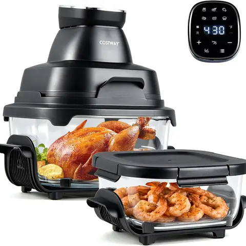 COSTWAY 6-in-1 Portable Glass Air Fryer, Air Fry & Bake, 4.2QT & 1.8QT Dual Glass Containers with Lids, 1500W, Microwave, Freezer & Dishwasher Safe, 95% Less Oil, Built-in Thermostat