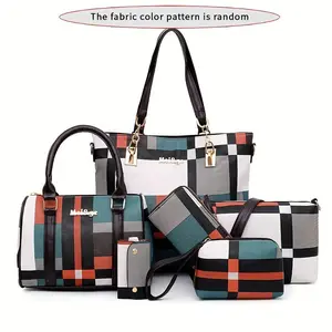 Women's Korean Style 6-Piece Tote Bag Set Large Capacity Plaid Crossbody Shoulder Handbag Simple Design
