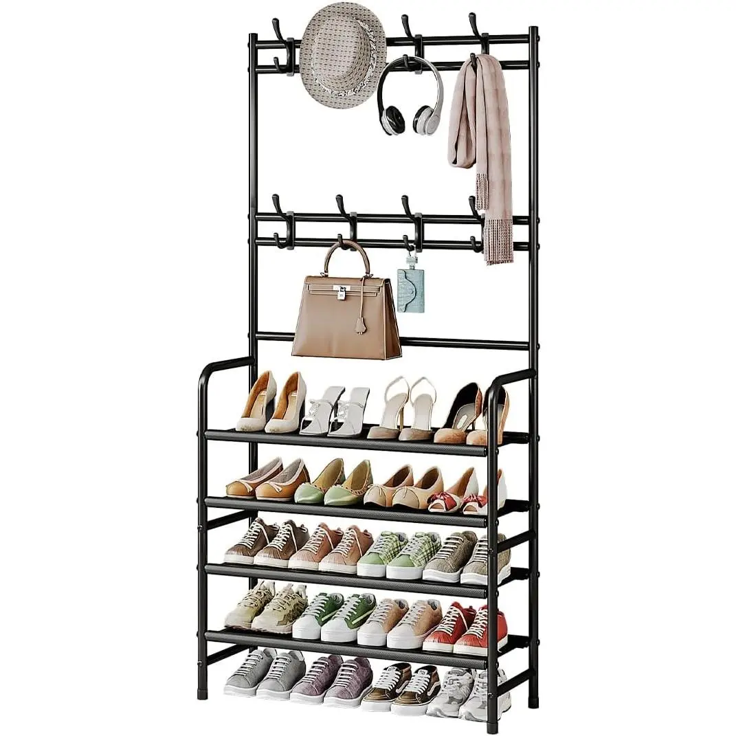 Coat Rack Shoe Rack With Storage Hooks Standing Organizer 4 Tier | 23.62/31.5inch Black/White Metal Entryway Organizer for Hallway | Metal Freestanding Hall Tree for Clothes Hats bag Scarves Space Saving Design for Entrywa