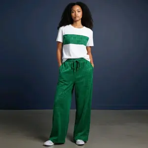 Women's Wear Top and Pant Set - Green and White Patterned T-shirt with Matching Green Pants for Comfortable Styling